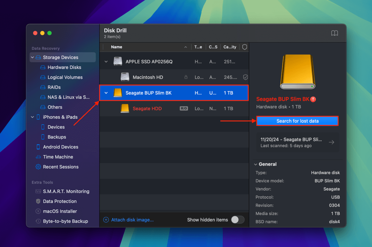 Disk Drill source selection menu