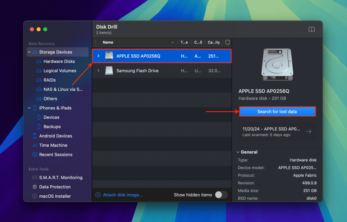 Mac disk in Disk Drill's source selection menu