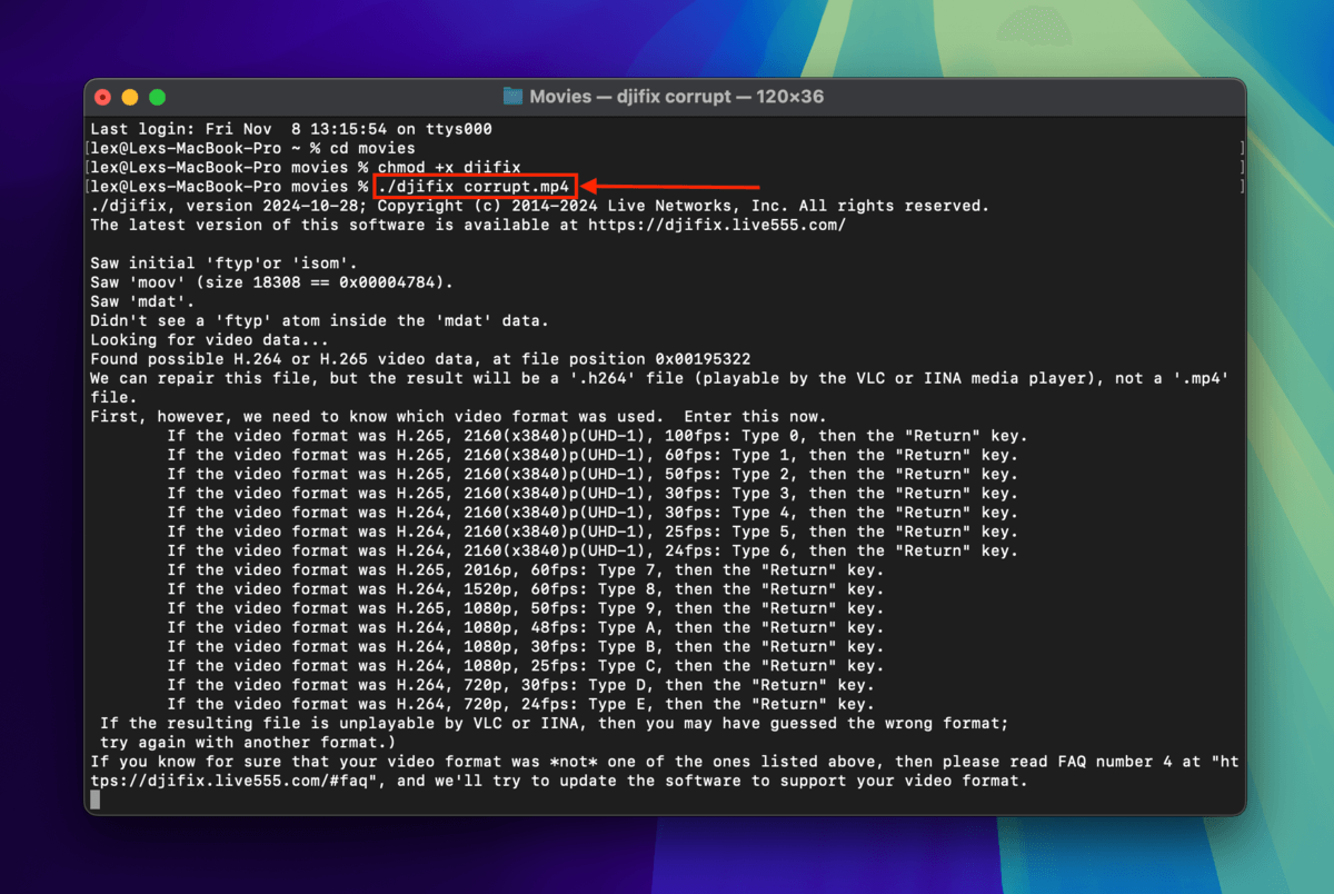 Executing the djifix file and pointing it to a corrupt mp4 file using Terminal commands