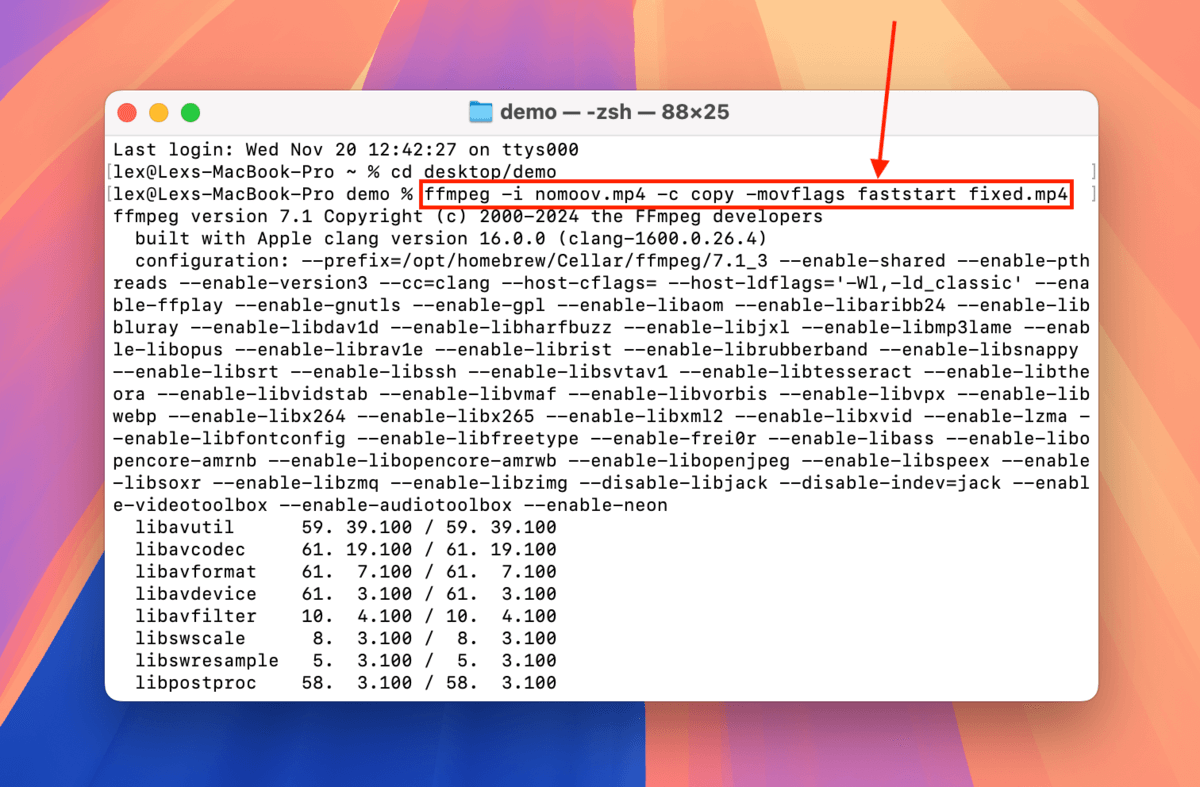 FFmpeg command that relocates the corrupted file's moov atom to the start of its hex code