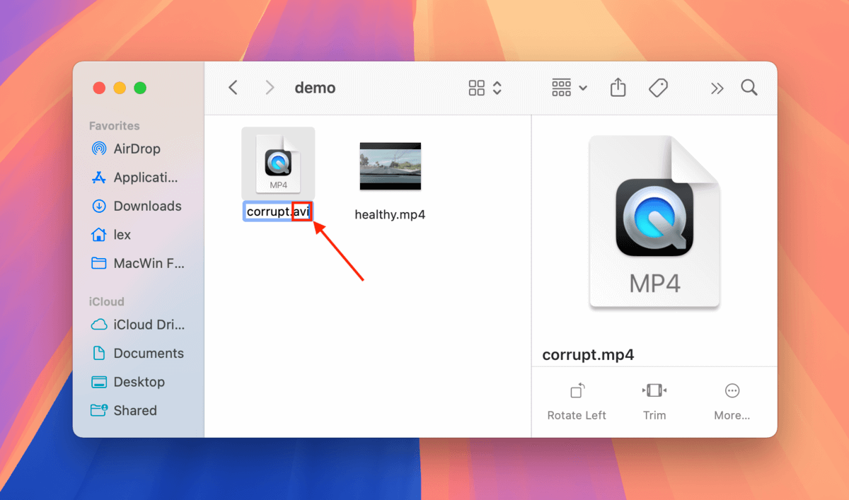 Replacing the corrupt dashcam file's extension in Finder