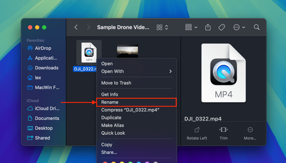 Renaming a corrupted MP4 file in Finder using the right-click menu