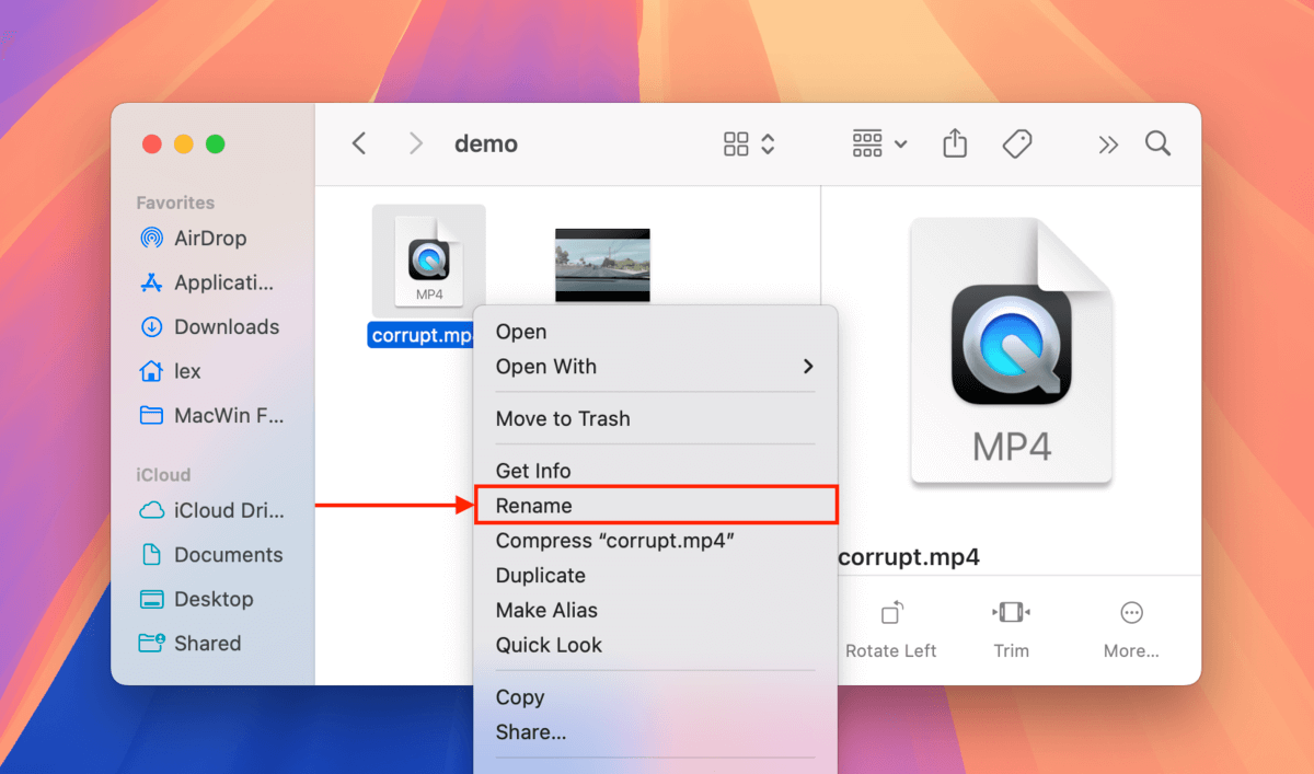 Renaming a dashcam video file in Finder