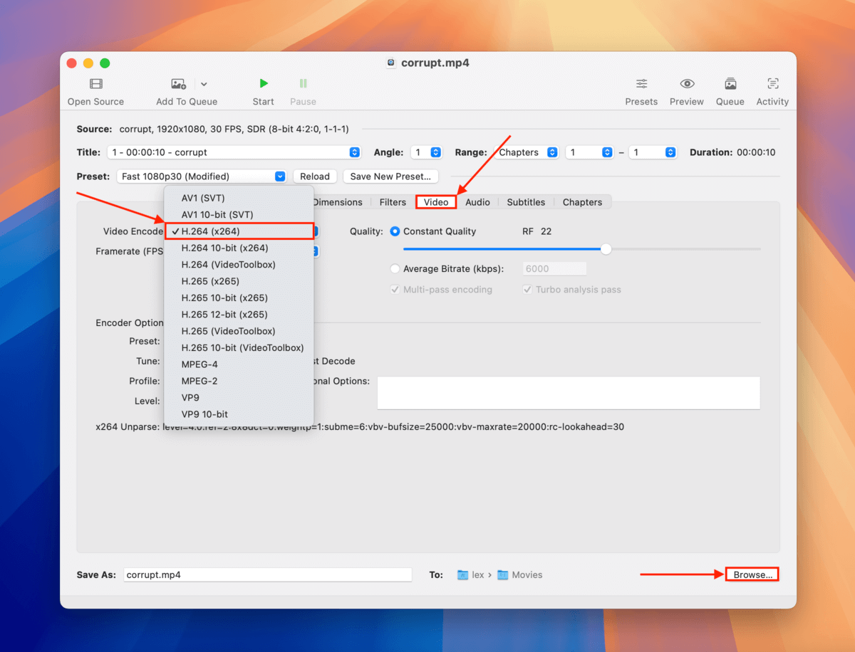 Changing corrupt dashcam video's video codec settings in Handbrake