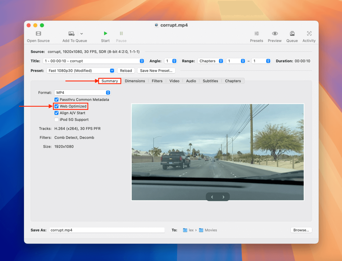 Enabling Web Optimized setting for corrupted dashcam video in Handbrake