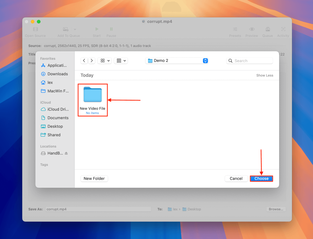 Handbrake's destination folder selection dialogue window