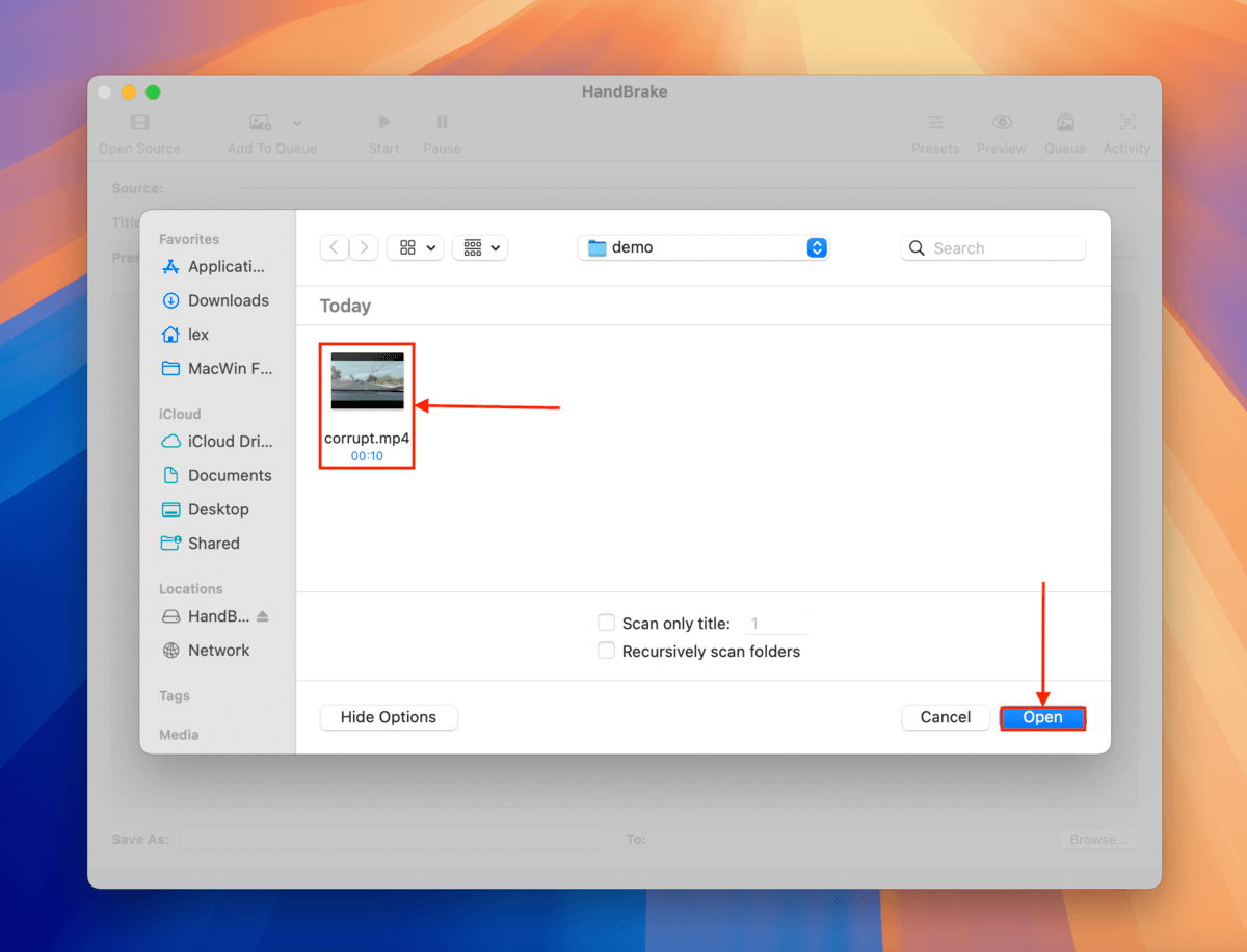 Opening corrupt dashcam video in Handbrake