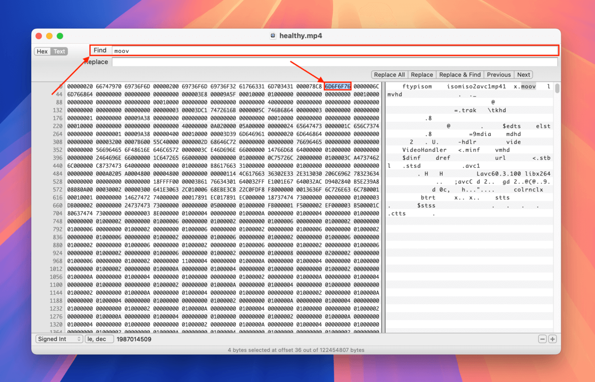 Copying the moov atom from a healthy moov file using Hex Fiend