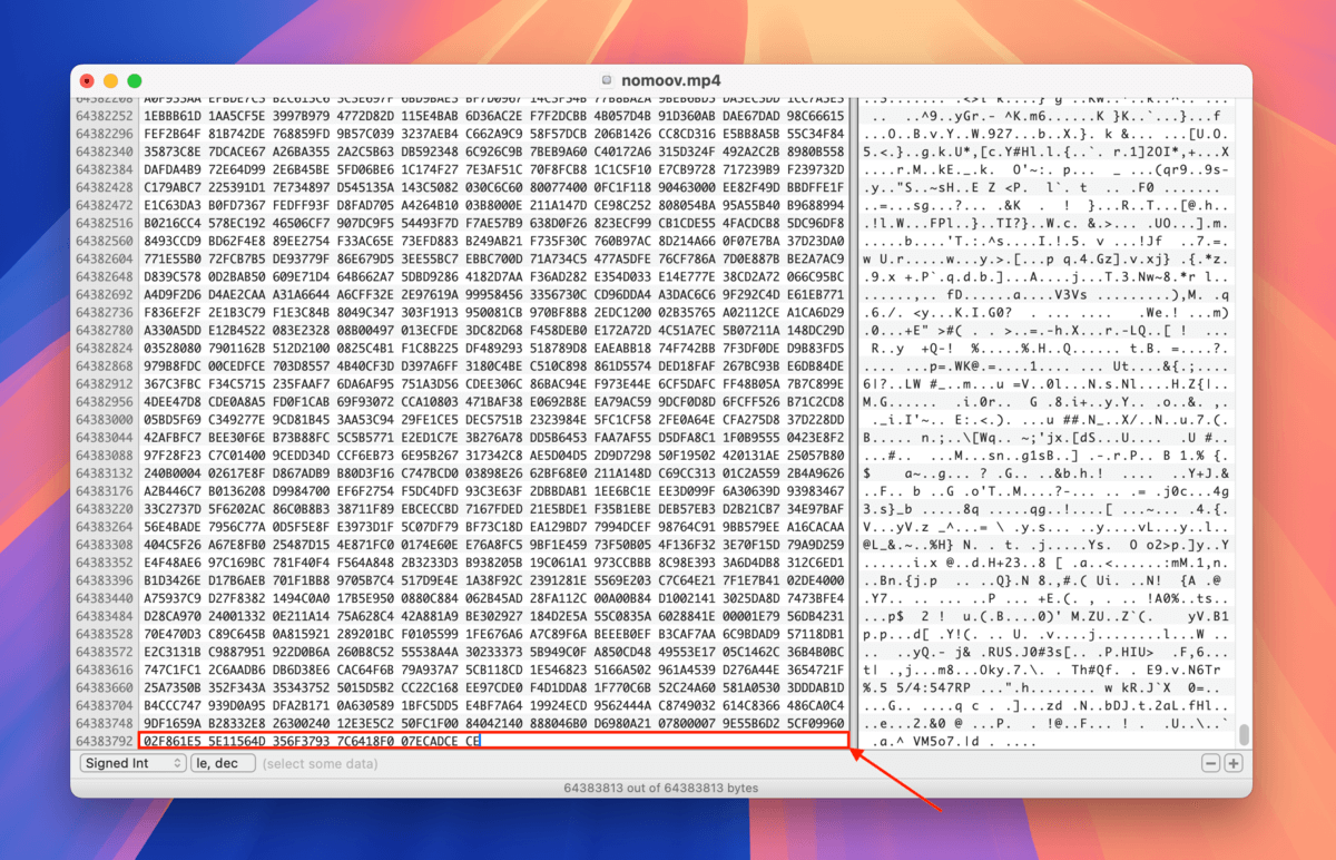 Using Hex Fiend to paste the moov atom from the healthy file sample to the corrupted moov file's hex data