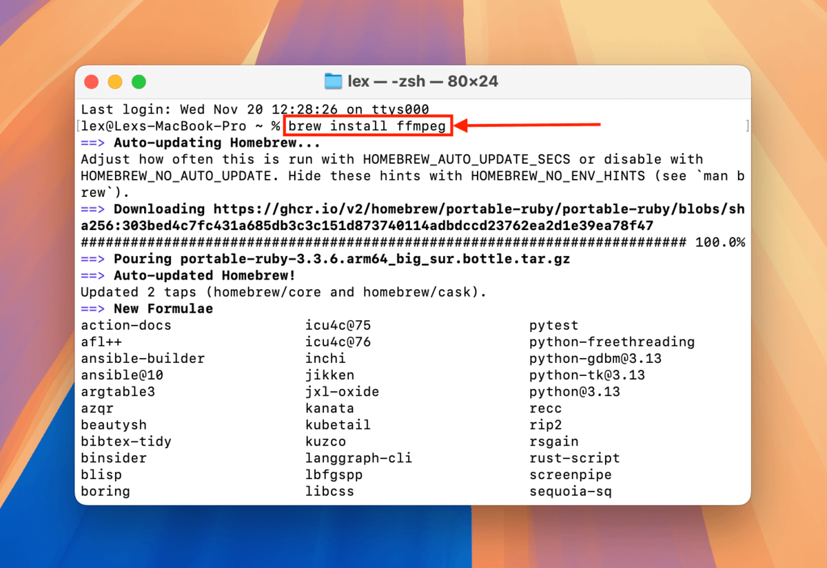Install FFmpeg command using Homebrew in the Terminal app