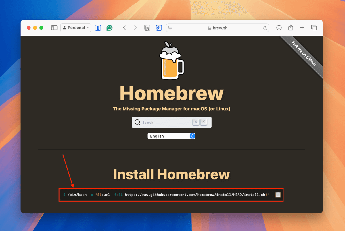 Homebrew installer link on their official website