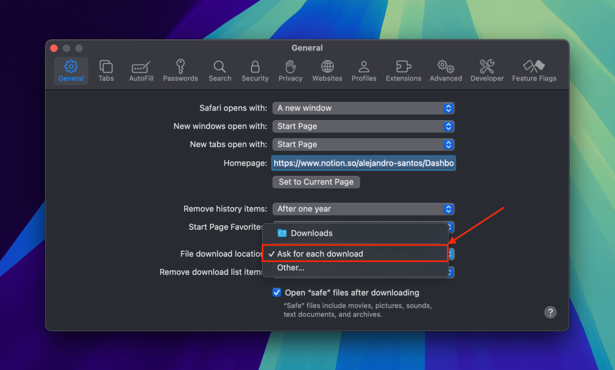 "Always ask" option for Safari's download settings