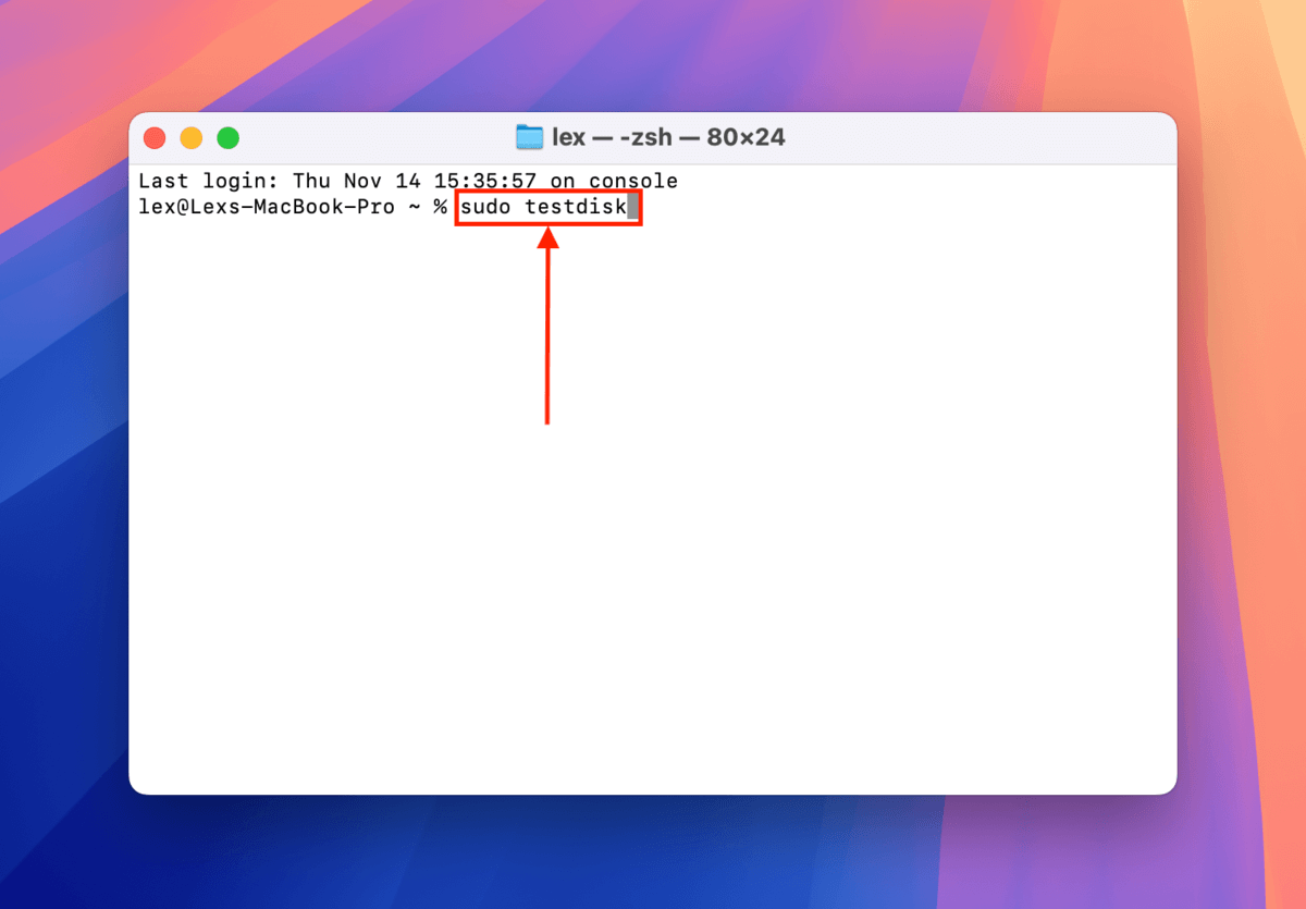 Running TestDisk on Mac using the sudo testdisk command