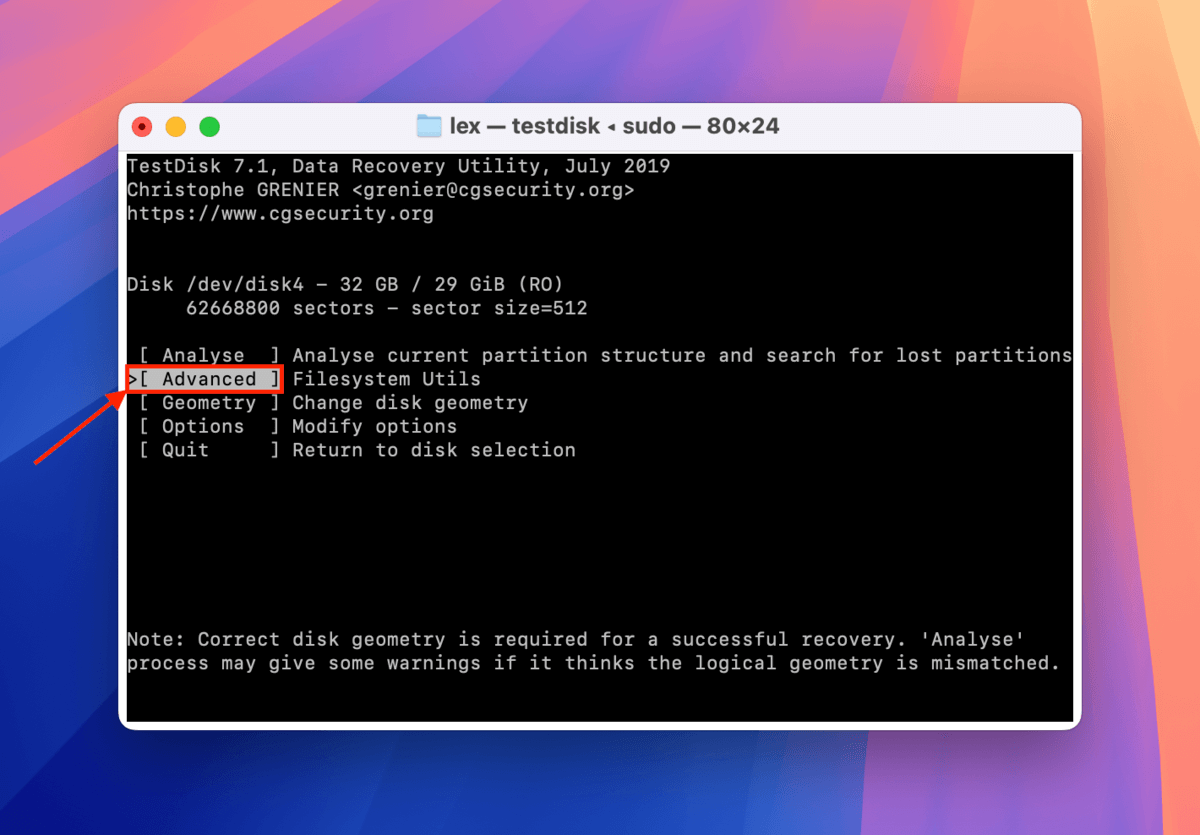 Selecting the Advanced tools in TestDisk