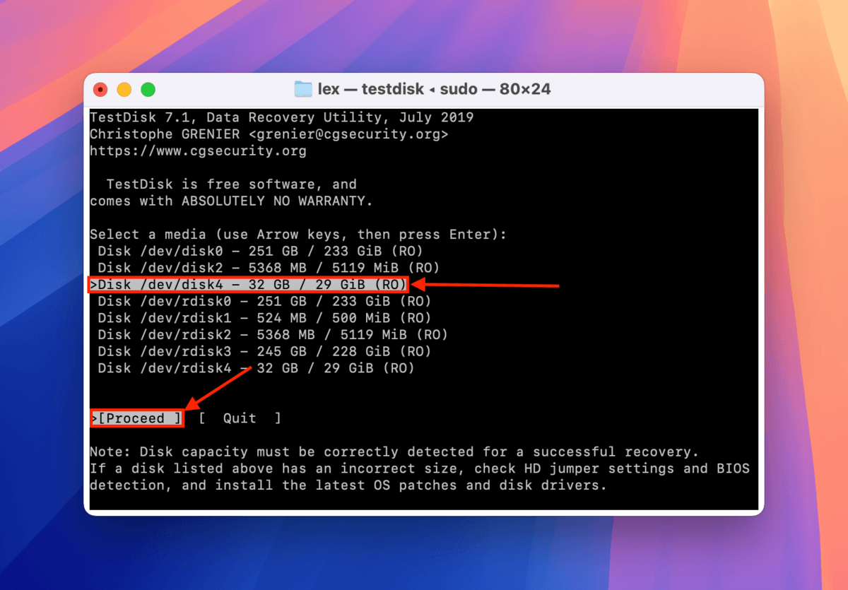 Disk selection menu in TestDisk