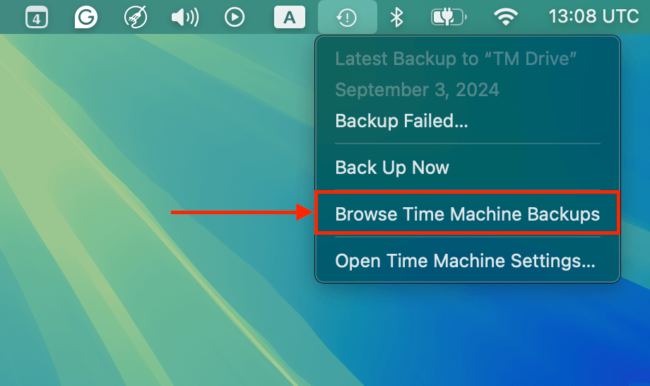 Browse Time Machine backups option in Time Machine's button menu