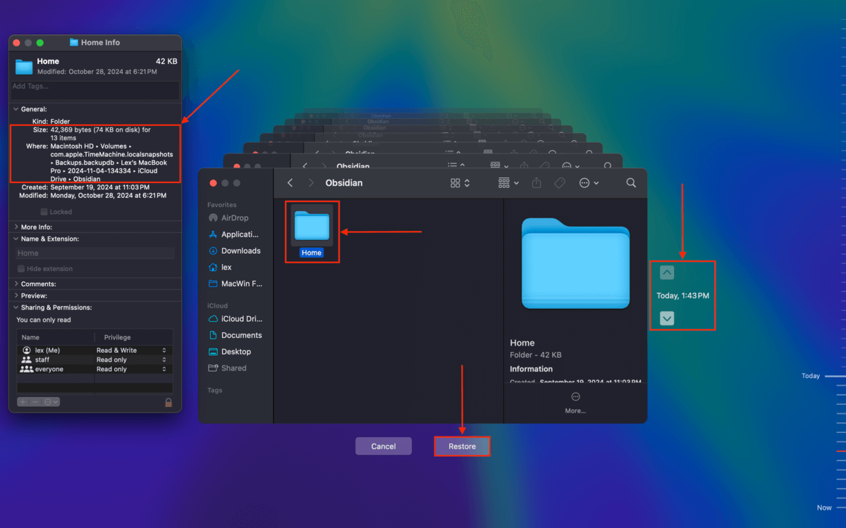 Time Machine snapshot of iCloud files and folders that were locally stored