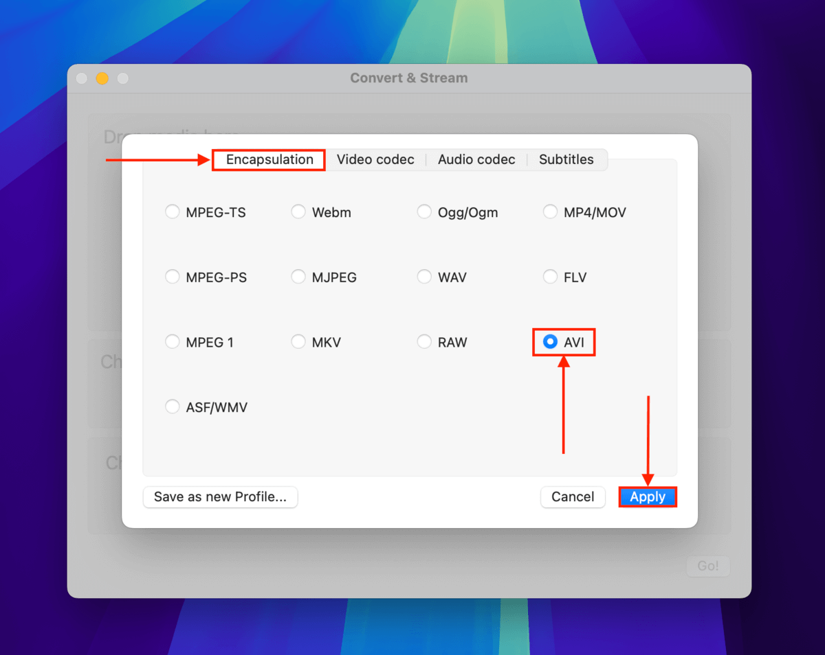 AVI format in the Encapsulation menu in VLC Media Player