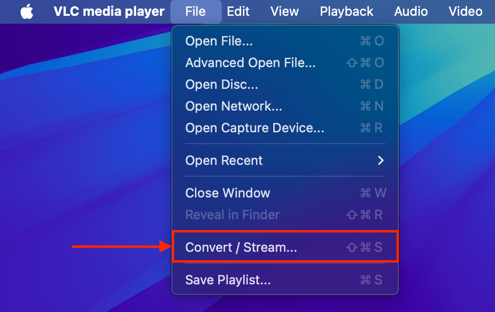 Convert Stream Button in VLC Media Player File menu