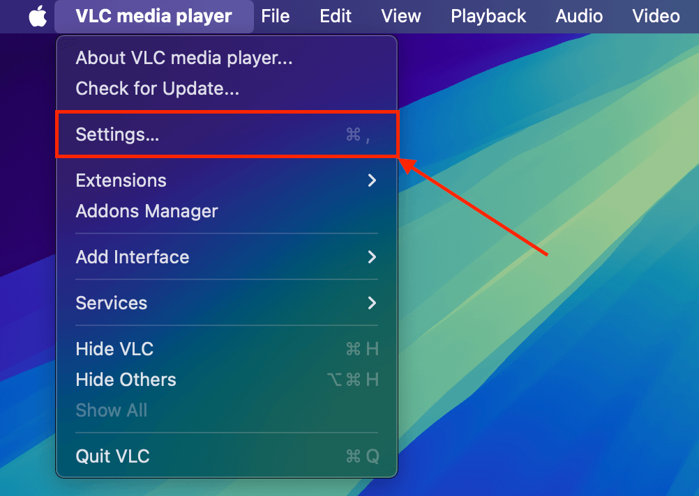 Settings button in VLC Media Player's File menu