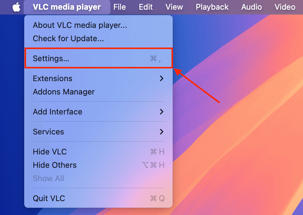 Settings button in VLC Media Player's main menu