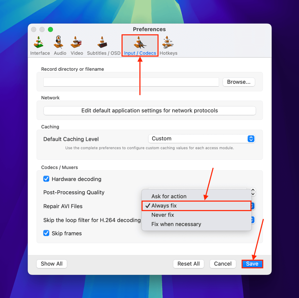 Always fix option in the Repair AVI Files setting in VLC Media Player's settings menu