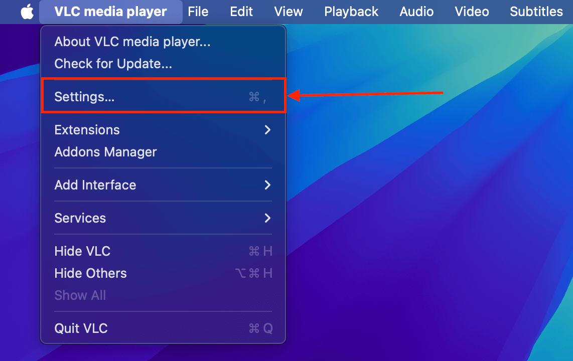 Settings button in VLC Media Player's main menu