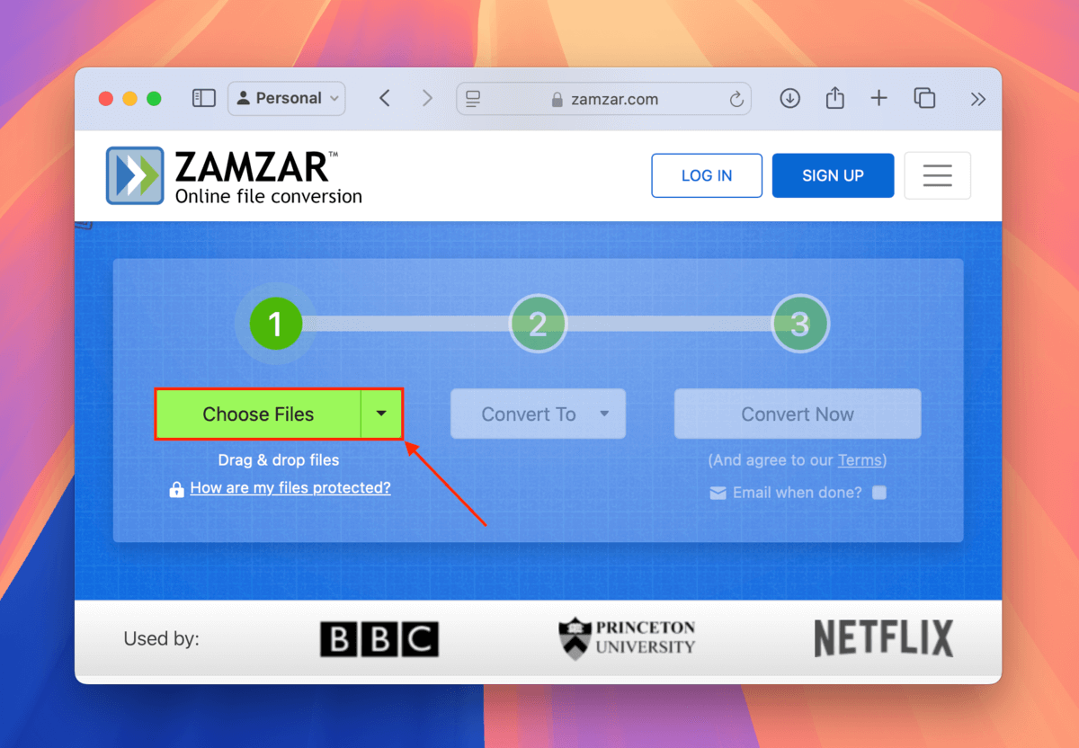 Choose File button on Zamzar.com's homepage