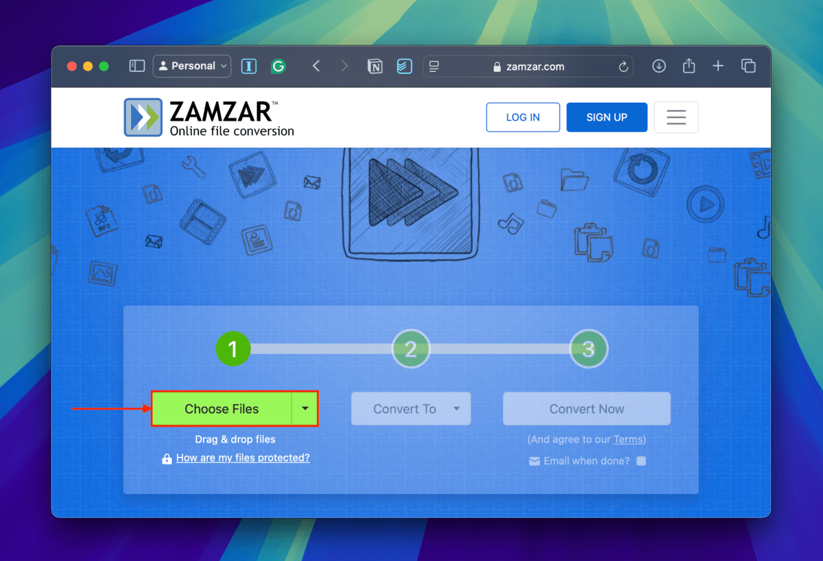 Choose Files button on the Zamzar.com website