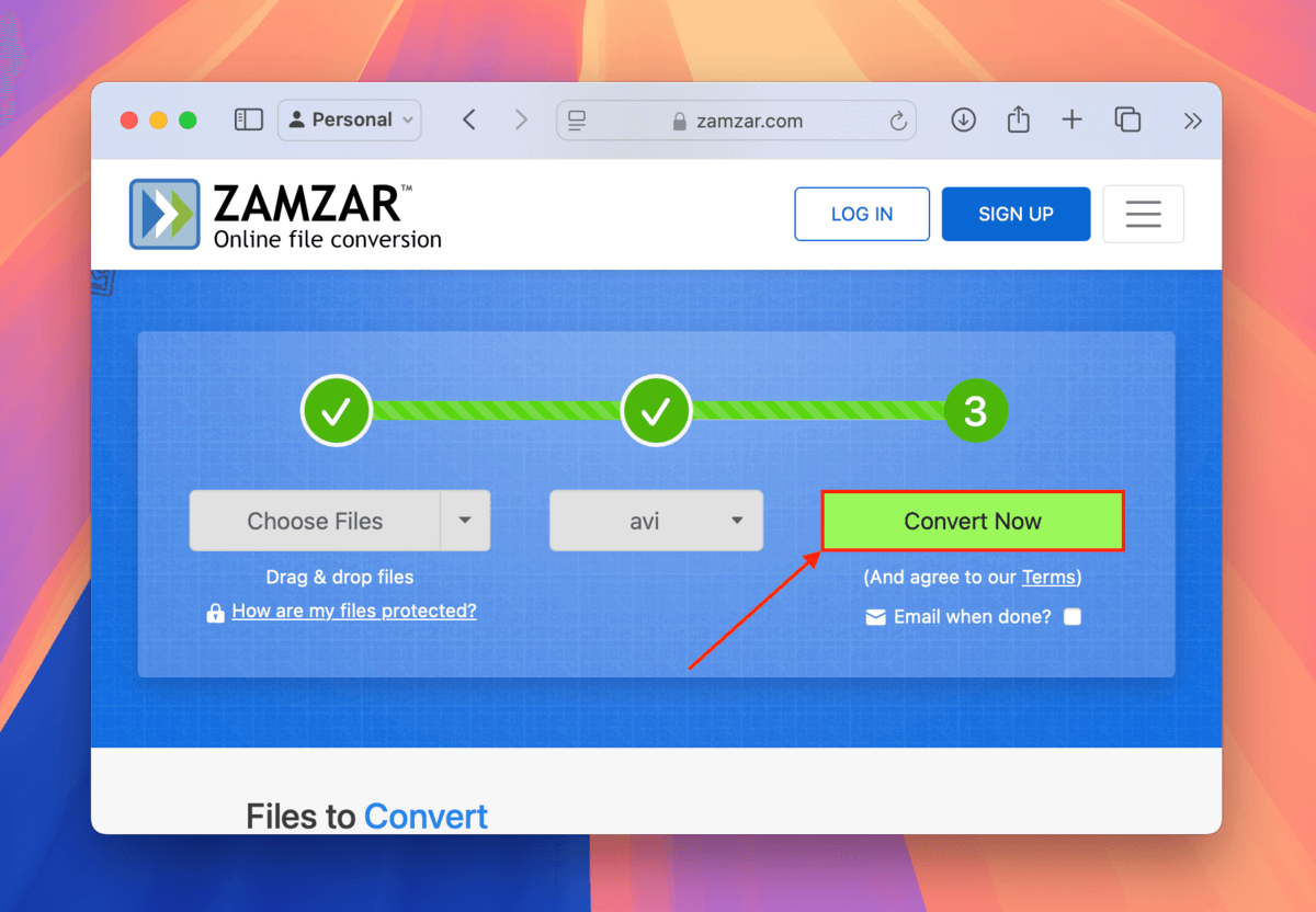 Zamzar Convert Now button