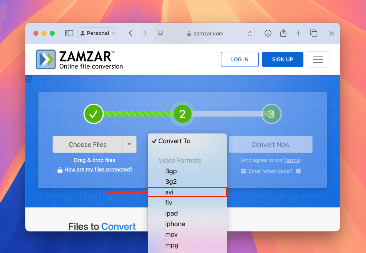 Zamzar convert button and dropdown menu 