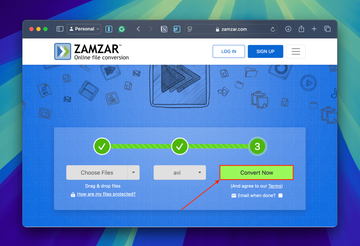 Convert Now button in the Zamzar video converter website