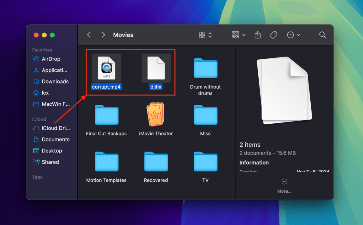 Djifix file and corrupt MP4 video in the Movies folder in Finder