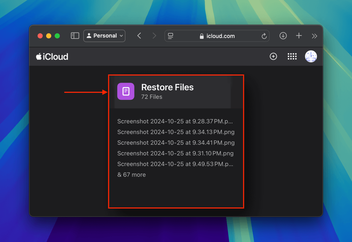 Restore Files section in iCloud Web's data recovery tool