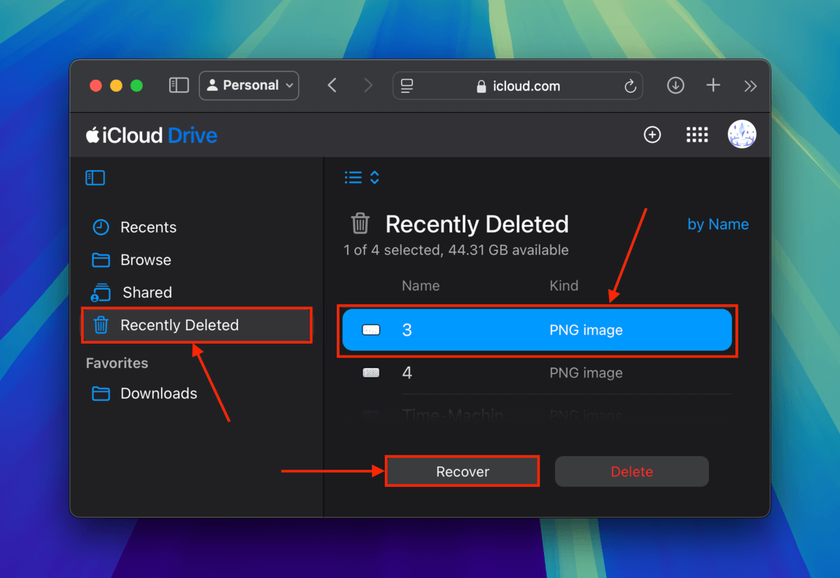 Recently Deleted folder in iCloud Web