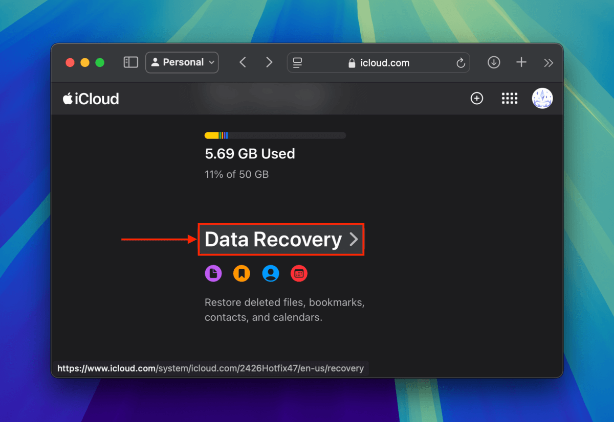 Data Recovery app in iCloud's webpage