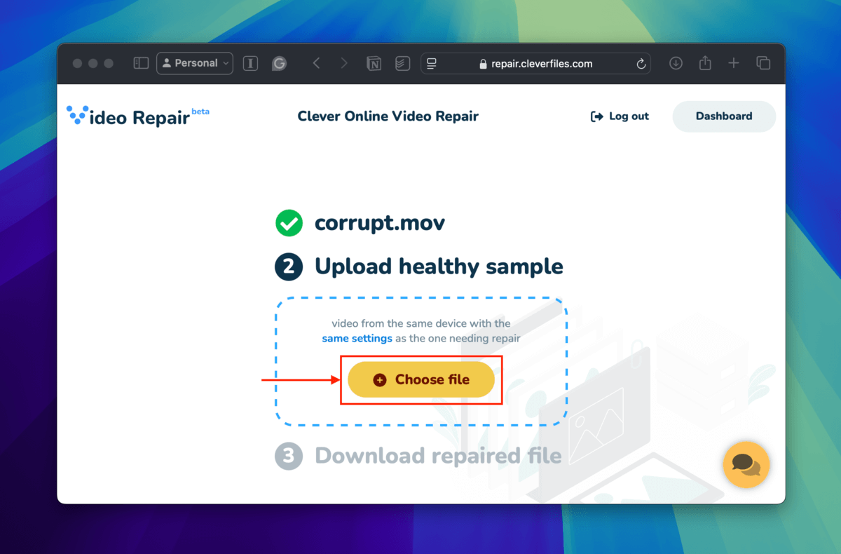 Clever Online Video Repair Choose file button for healthy iPhone video sample