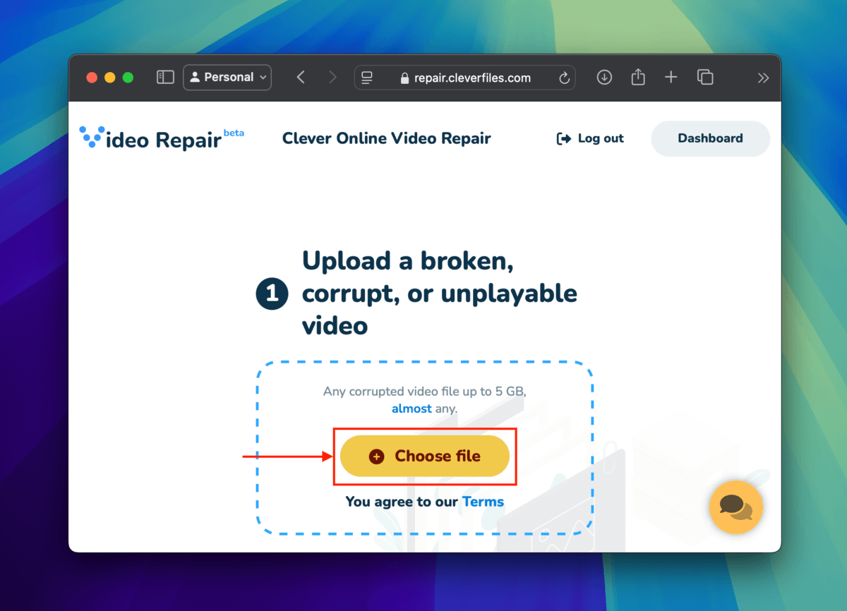 Choose file button in Clever Online Video Repair's homepage