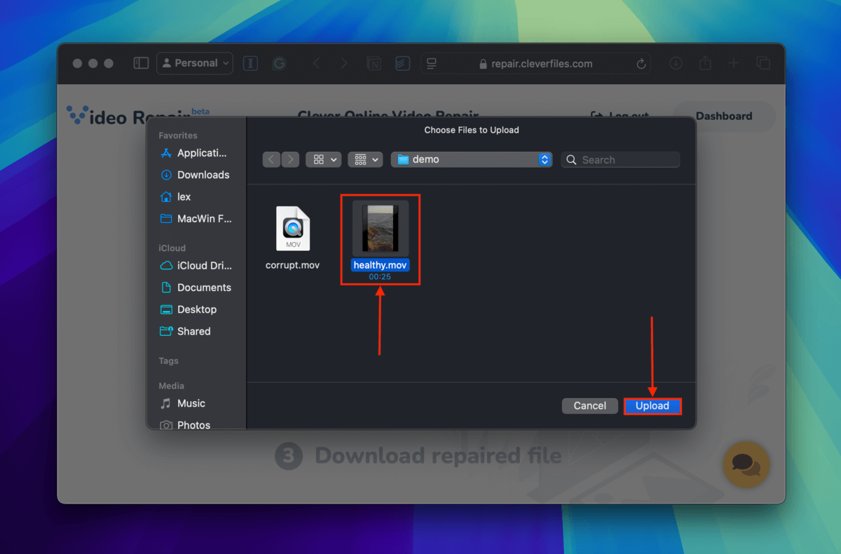 Selecting a healty iPhone video sample in Clever Online Video Repair's file selection dialogue