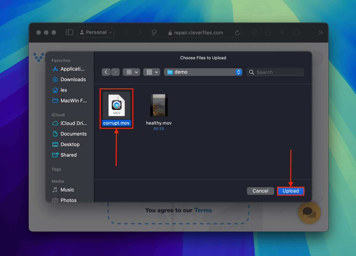 Selecting corrupted iPhone video in Clever Online Video Repair's file selection dialogue
