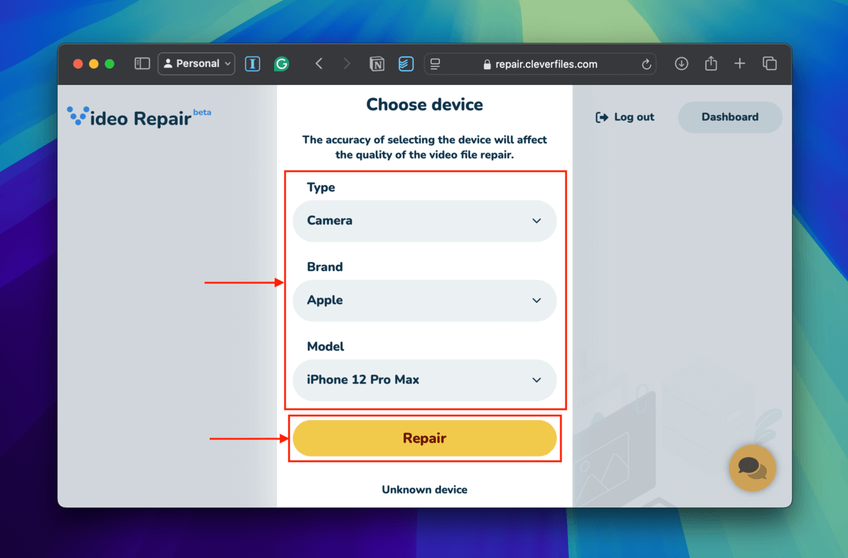 Clever Online Video Repair brand and model selection dialogue for corrupted iPhone video