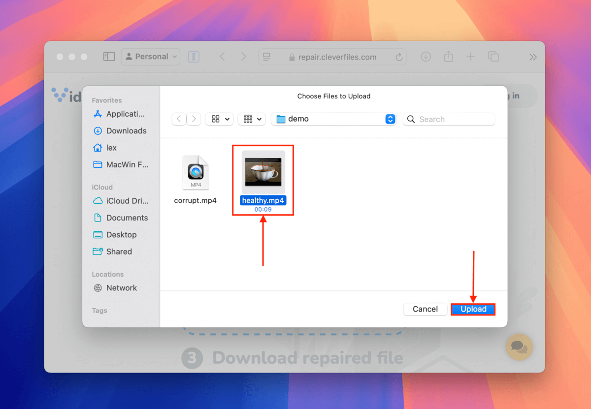 Selecting a healthy MP4 sample in Clever Online Video Repair's file selection dialogue window