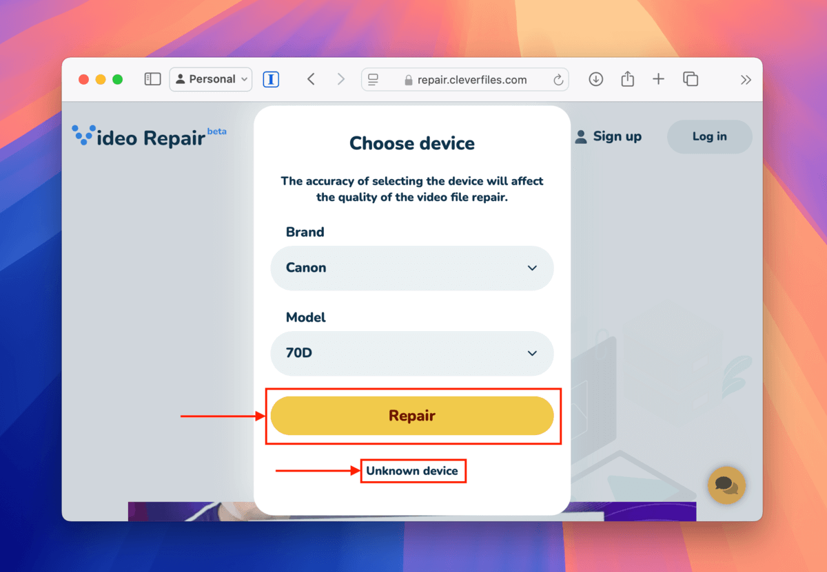 Clever Video Repair MP4 device selection window