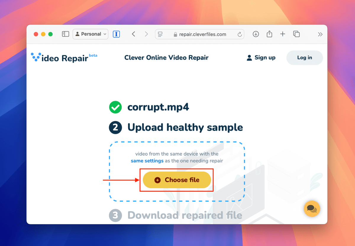 Clever Online Video Repair Choose file button for healthy MP4 sample