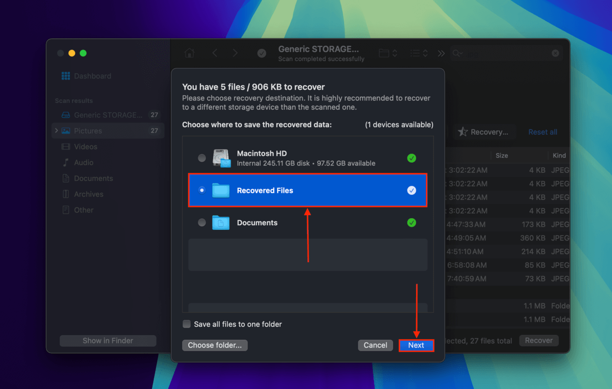 Choosing a destination folder for recovered SDHC cards in Disk Drill