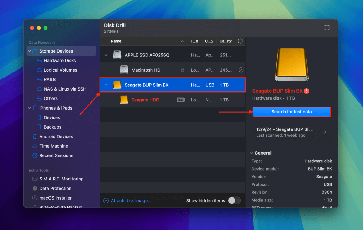 Selecting external hard drive in Disk Drill's source selection menu