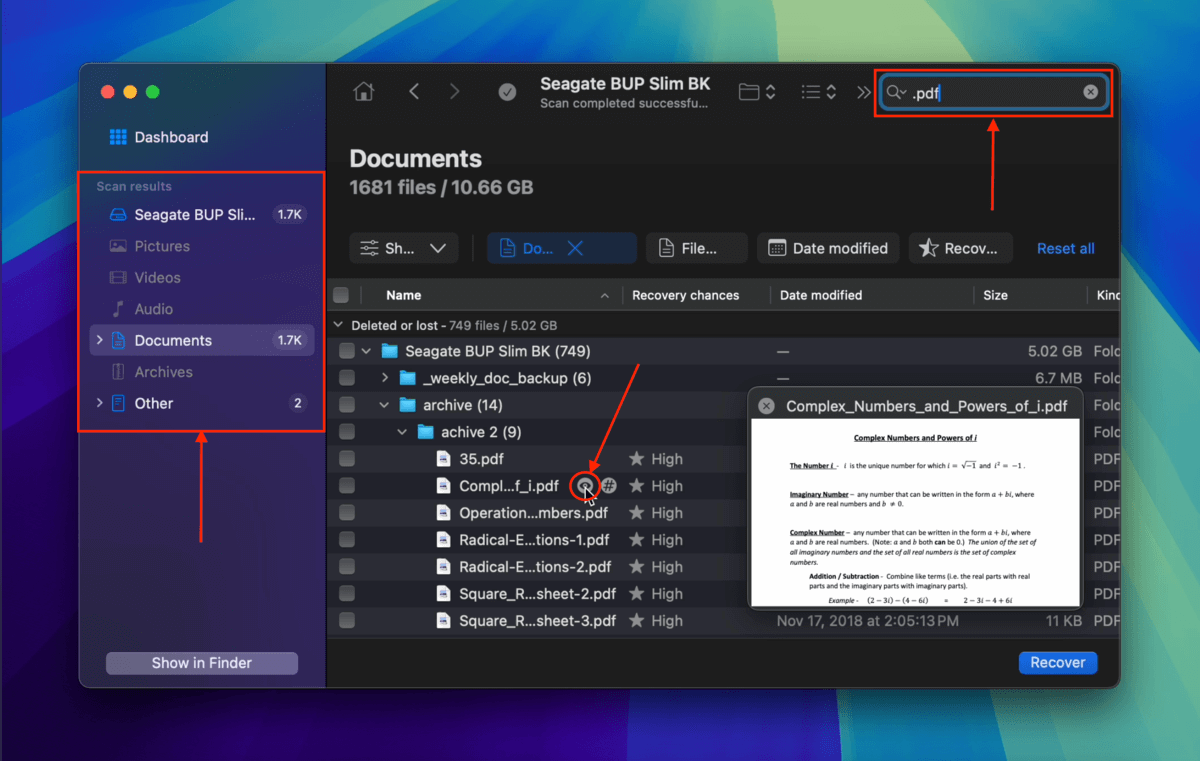 Disk Drill filter, search, and preview tools with external hard drive files