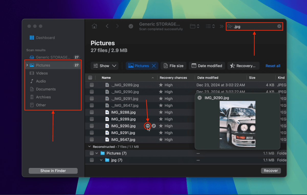 Filtering and previewing SDHC card files using Disk Drill