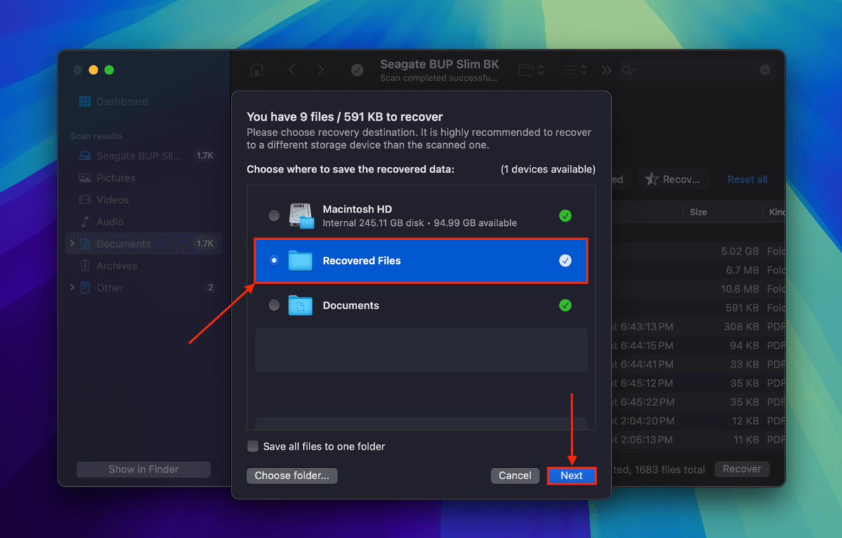 Disk Drill destination selection menu for external HDD files