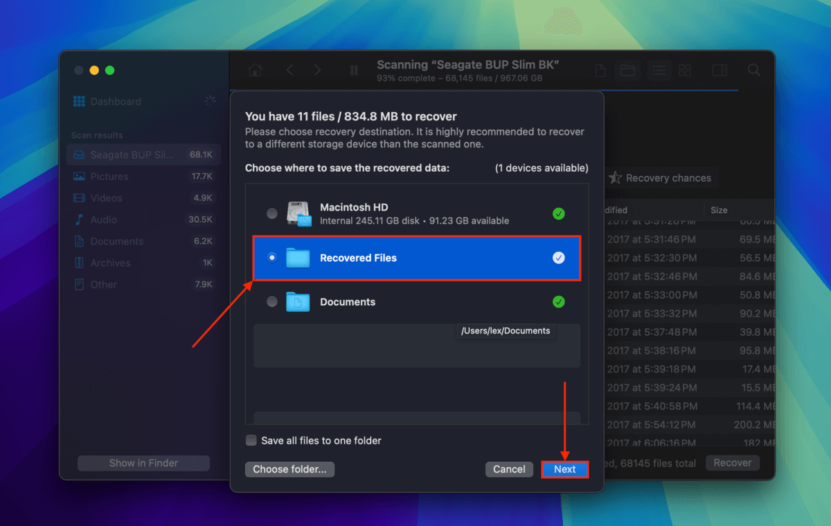 Disk Drill destination selection menu